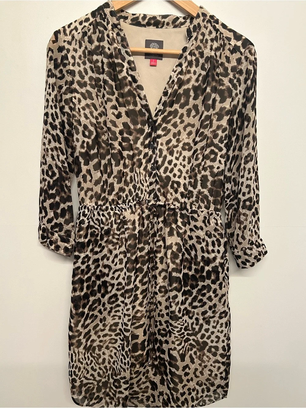 Vince Camuto Leopard Print 3/4 Sleeve Drawstring Shirtdress size 2